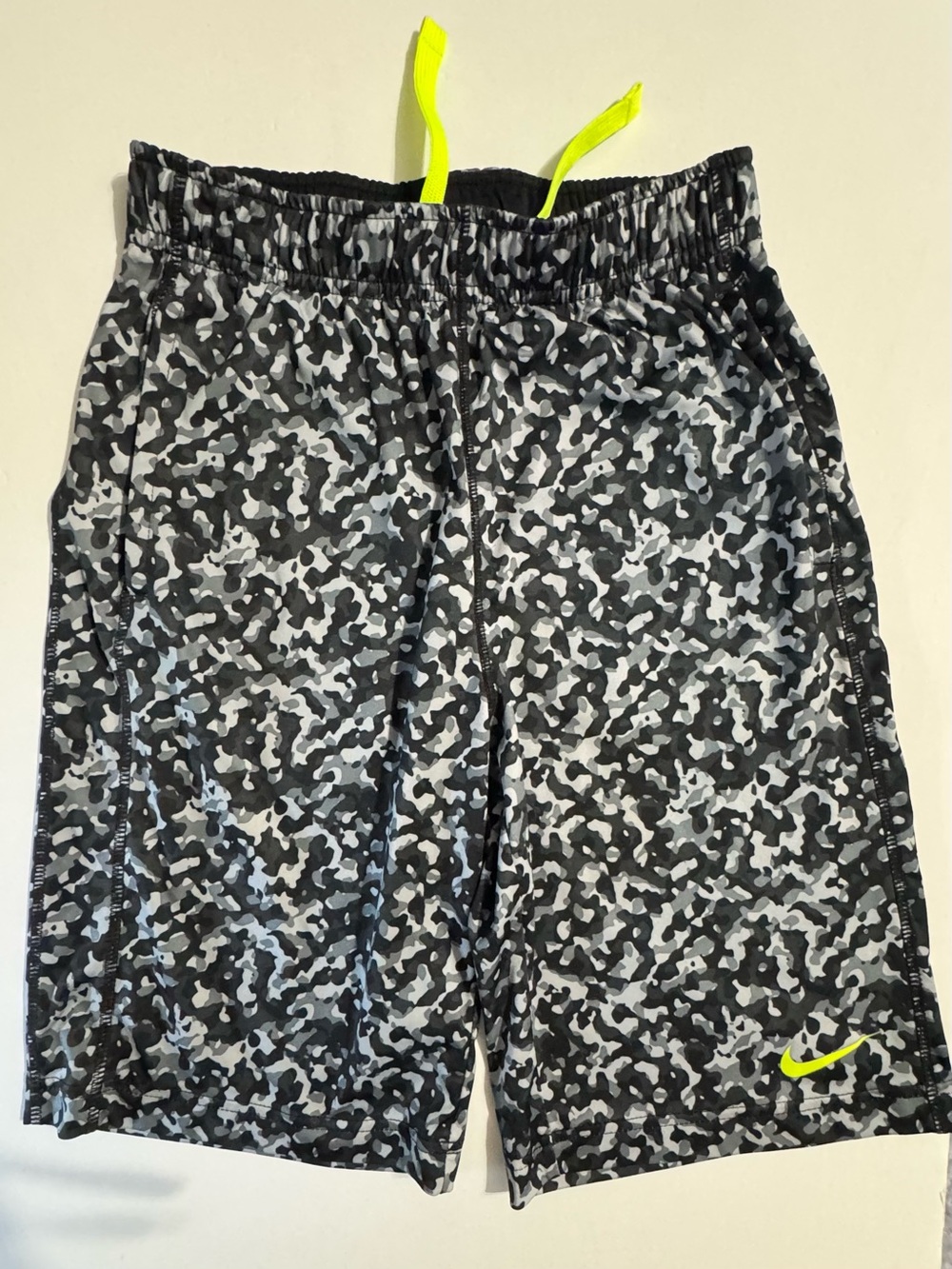 Nike Boys Black & Gray Camo Shorts with Neon Yellow Drawcord M